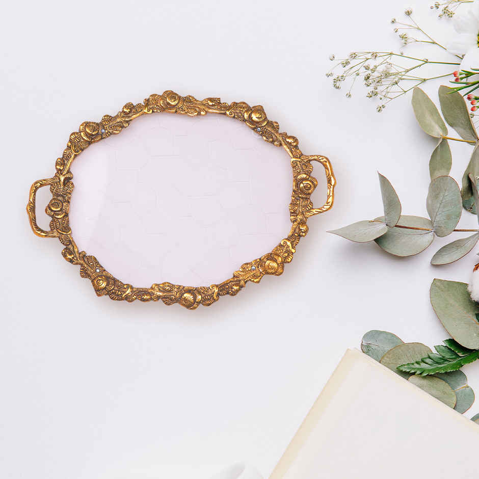 Devnidhii Glass Serving Tray Gold Polish Large