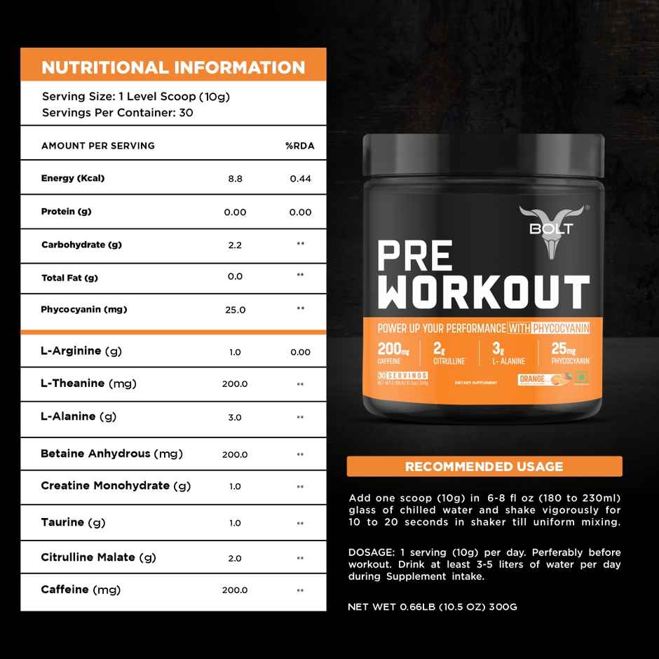 Bolt Nutrition Pre Workout Supplement | 30 Servings | Orange Tangy