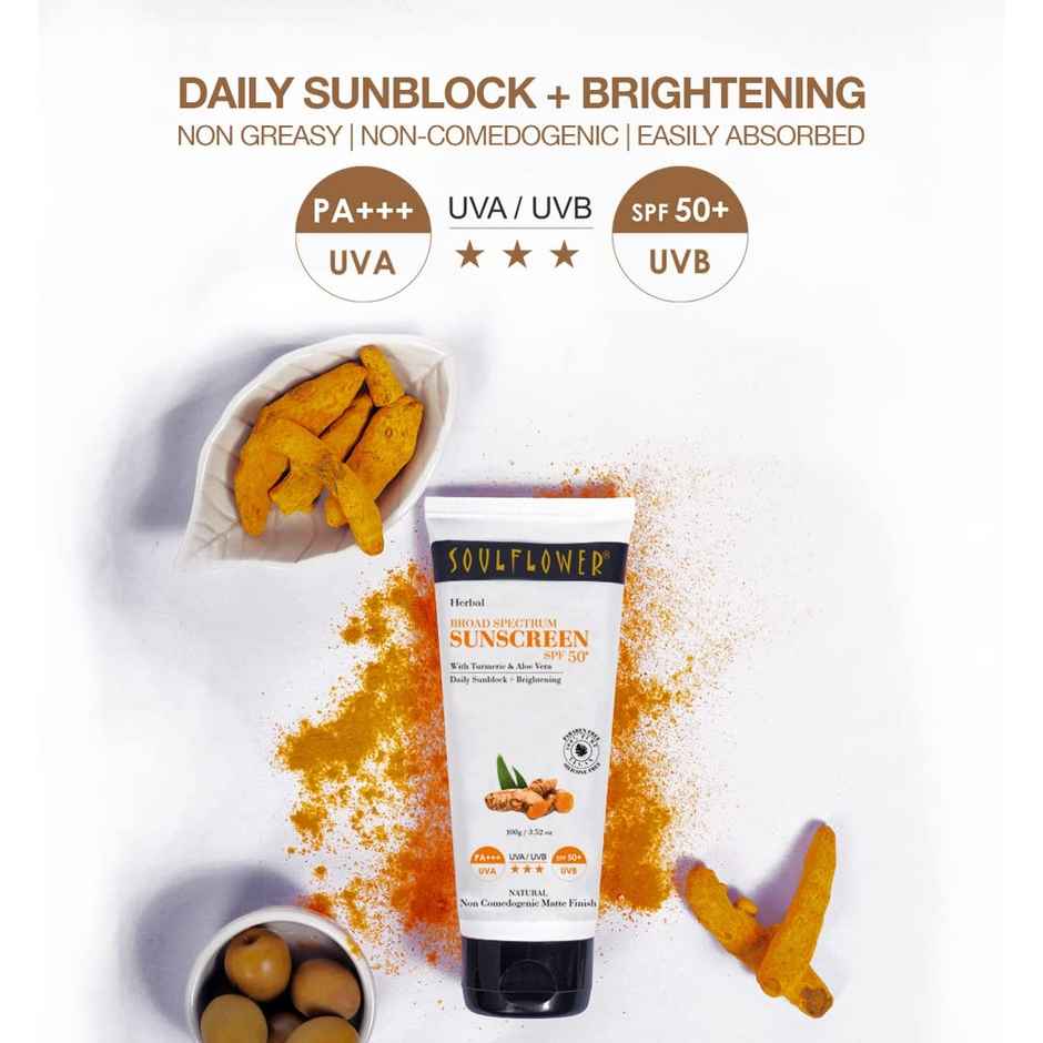 Soulflower Herbal Broad Spectrum Sunscreen With Turmeric Aloe Vera - SPF 50+ PA+++ Matte Finish, No - White Cast For Men & Women
