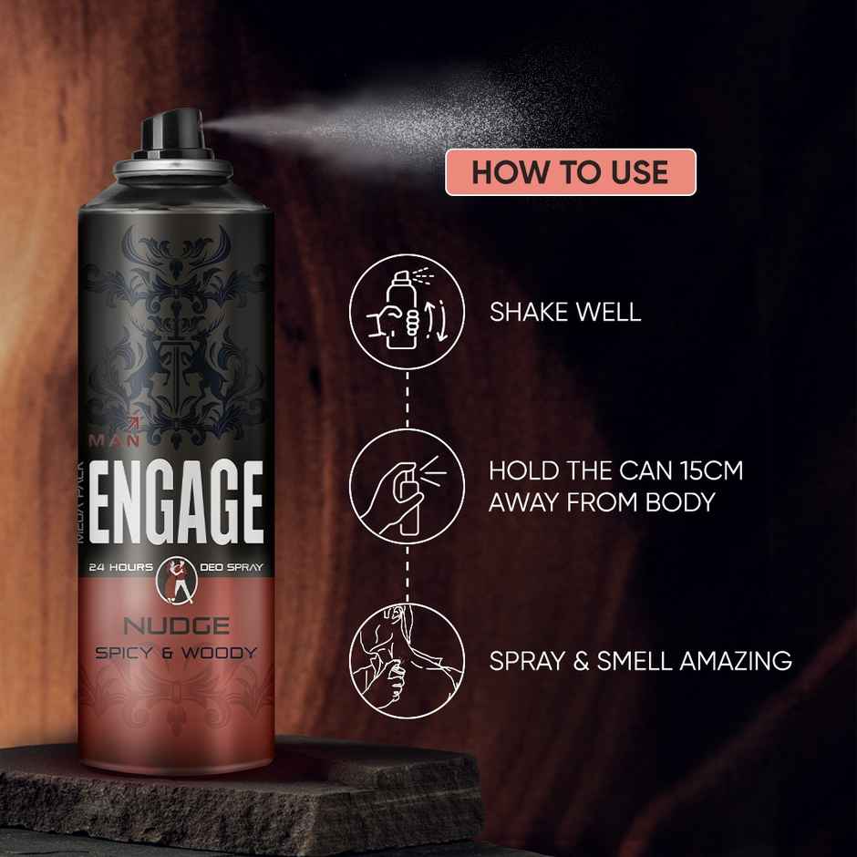 Engage Nudge Deodorant Spray for Men 220ml | Spicy & Woody | 24hr Freshness | Long Lasting