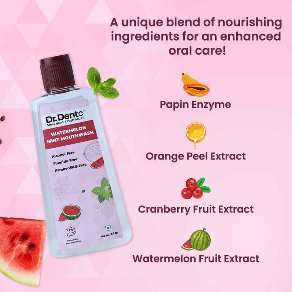 Dr.Dento Alcohol Free Watermelon Mint Mouthwash with Vitamin C & Hyaluronic Acid For Fresh Breath