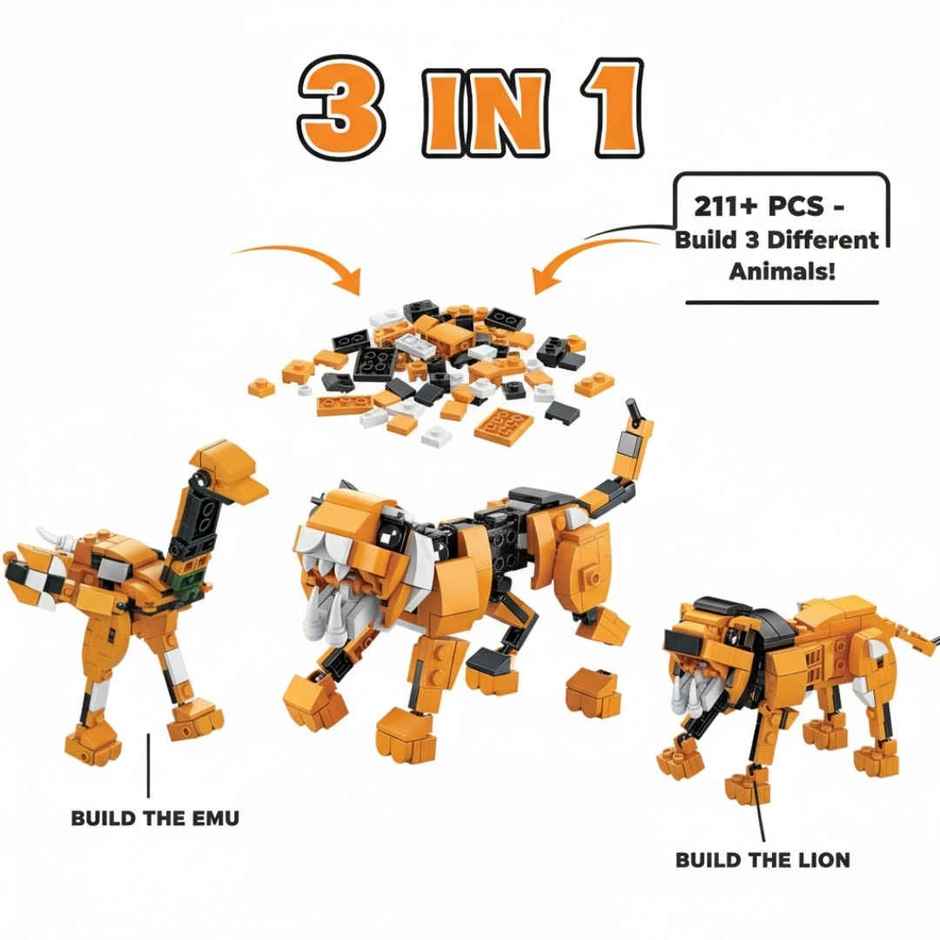 Apex Wild Animals Building Blocks 211 Pieces | Tiger, Lion & Emu