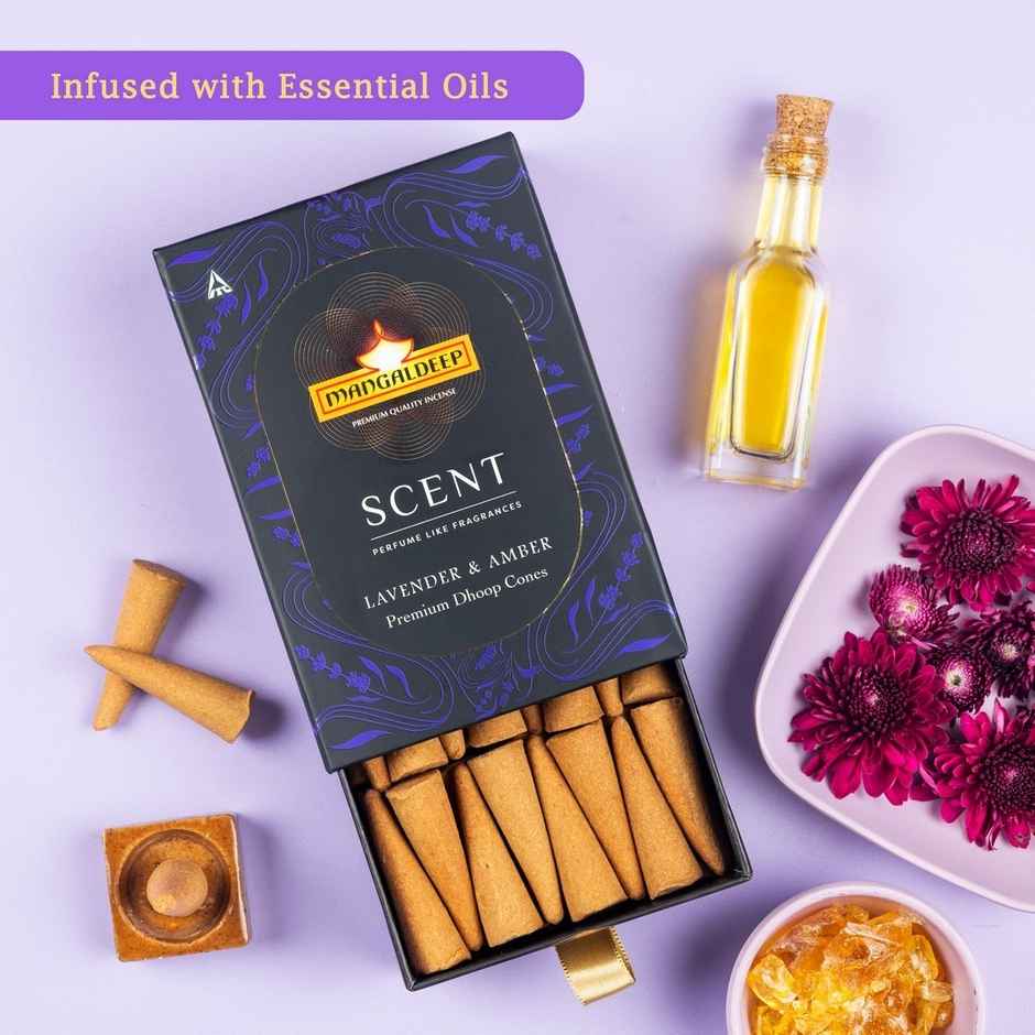 Scent Premium Bambooless Dhoop Cones | Lavender and Amber Fragrance | Mangaldeep