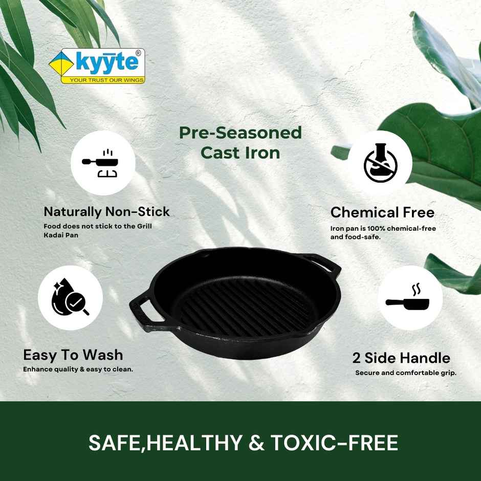Kyyte Cast Iron Pre Seasoned Grill Skillet/ Kadai Pan 26cm Dia 10 Inch2 Side Handle