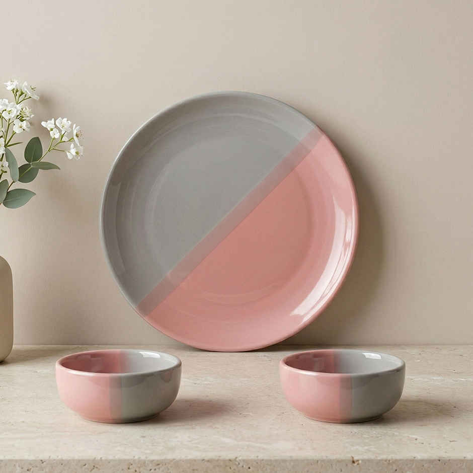 The Earth Store DT Grey Pink Set, 1 Full Plate 2 Vegetable Bowls