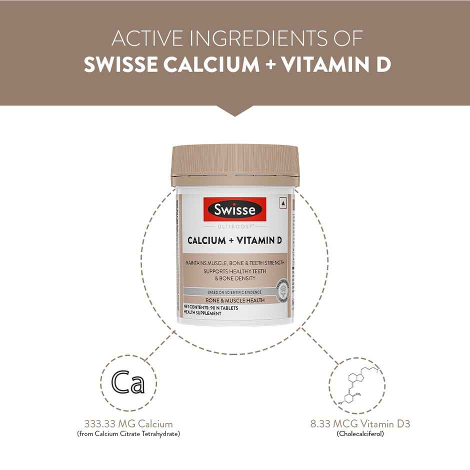 Swisse Calcium + Vitamin D - Supports Stronger Bones, Immunity & Muscle Health - Pack Of 90 Tablets