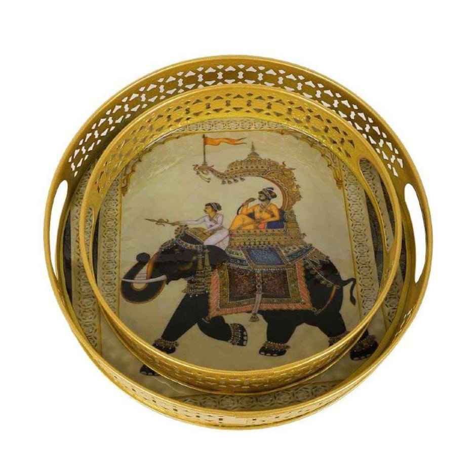 Homeharmony Round Tray | Royal Elephant Pichwai Tray | Size = 8 Inch and 10 Inch | Set Of 2