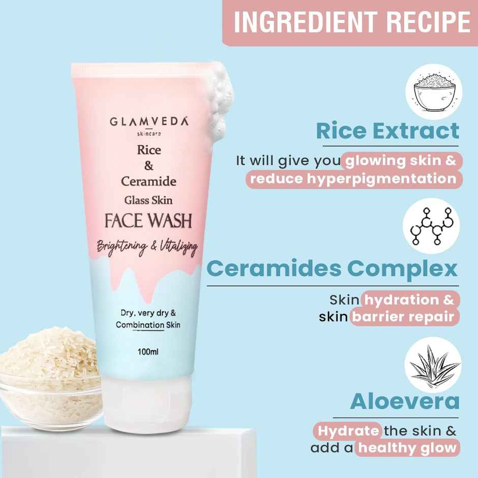 Glamveda Rice & Ceramide Face Wash | Gentle Cleanser for Dry & Sensitive Skin