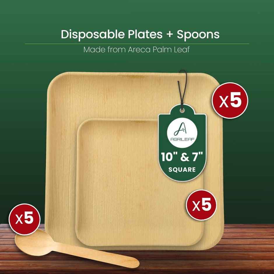 AGRILEAF Square Areca Palm Leaf Disposable Plate Combo | 25.4 & 17.8 cm  Plates  and Spoons | 5 sets