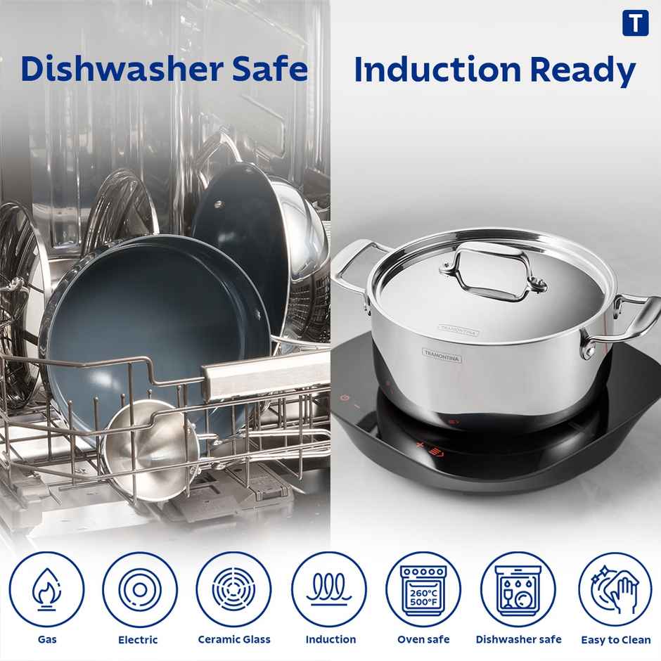 Tramontina Fusao Healthy Triply Ceramic 24cm/4.8L Casserole EX+ with SS 304 Lid | Non Toxic (PFAS/PTFE/PFOA Free) Stock Pot | Biryani Pot | Induction Friendly | Stay Cool Handle I 10 Year Warranty