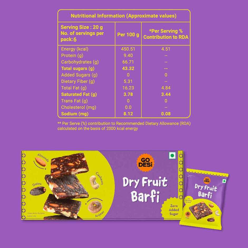 GO DESi Dry Fruit Barfi | 93% Dry Fruit | No Added Sugar