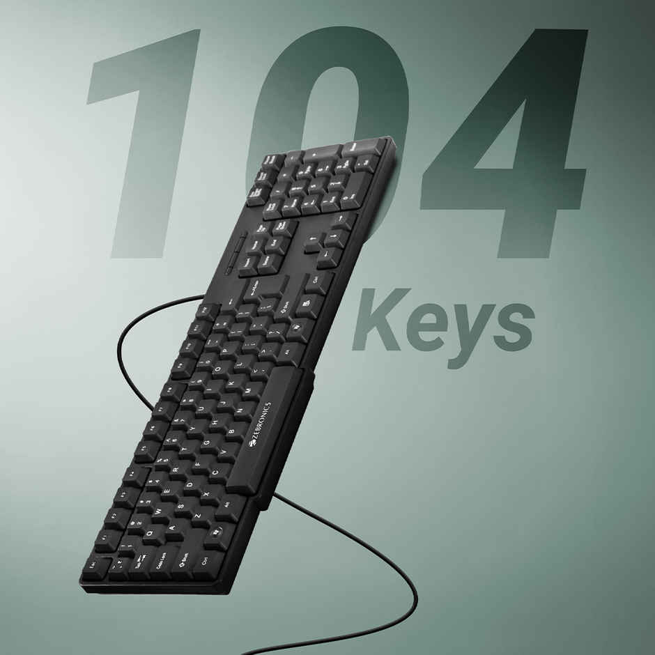 Zebronics K20 Wired Keyboard, 104 Keys, 1.2m Cable, With Rupee Key, UV Coated Keys, USB Interface, Retractable Stand, Plug and Play - Black