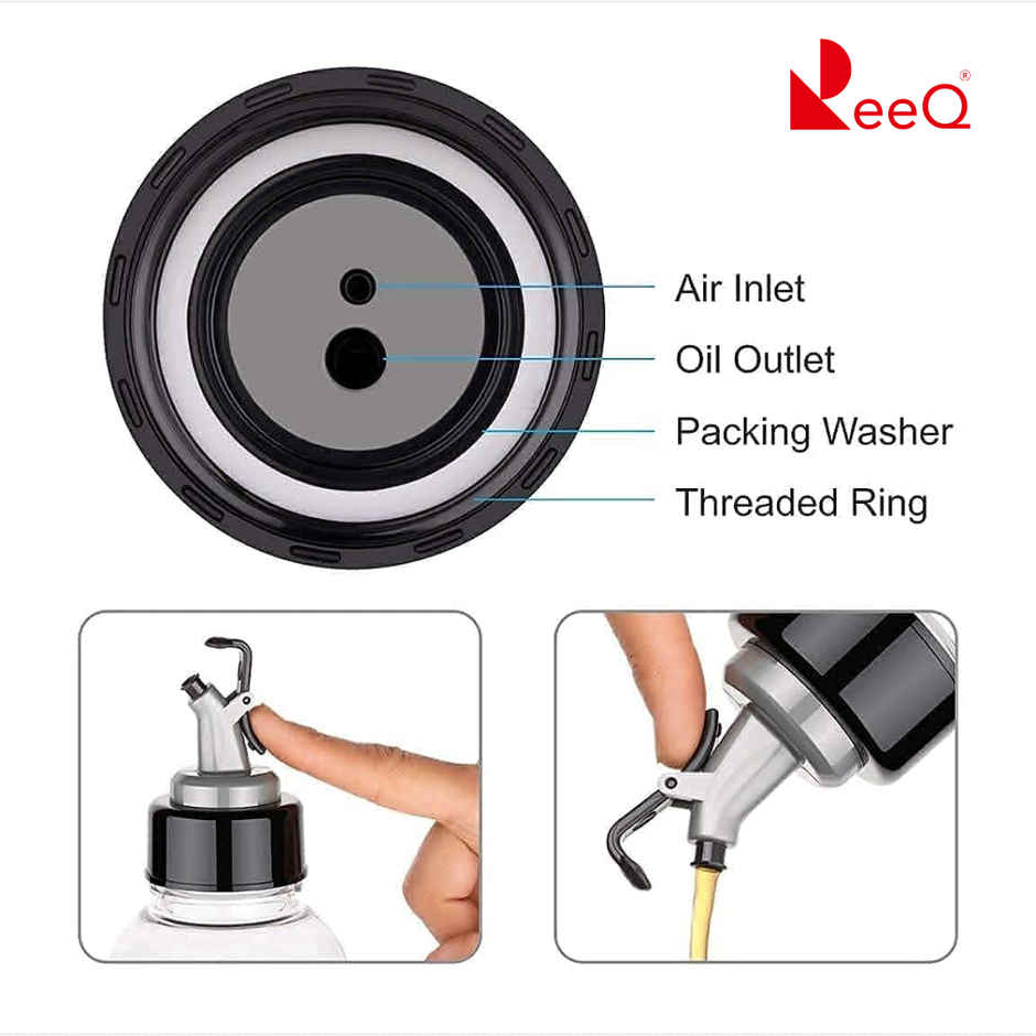 ReeQ 1000ml Oil Dispenser Bottle for Kitchen | Transparent BPA-Free Leak-Proof Lid - Black Lid