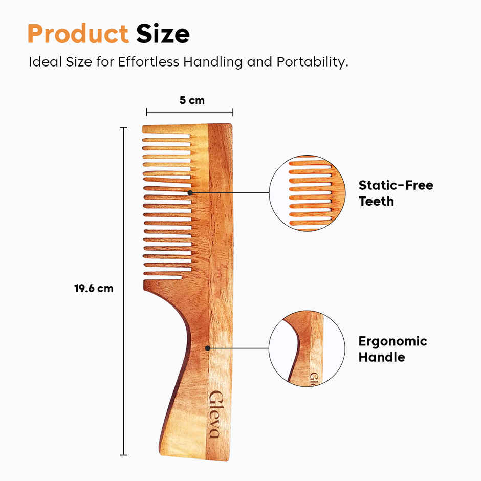 Gleva Natural Neem Wood Hair Comb, Wide Tooth Comb with Handle Anti Frizz Detangling Scalp Massage