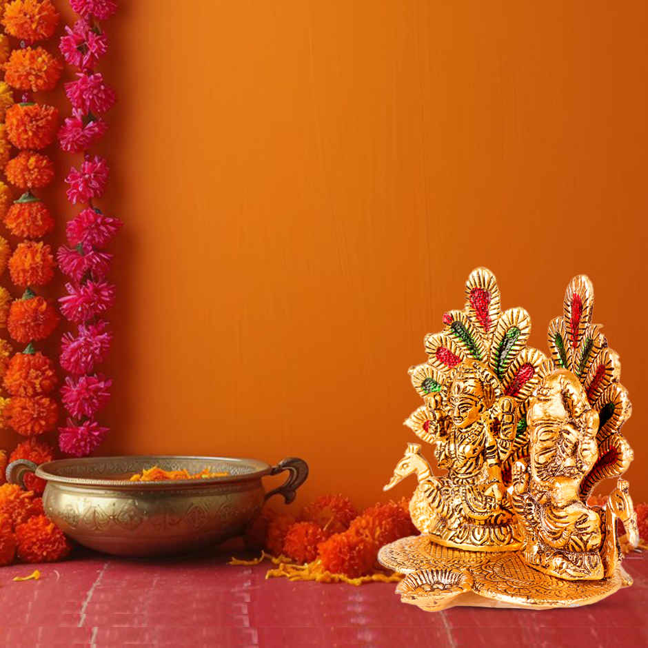 Diya Laxmi Ganesh With Meenakari Stonework | Golden | Metal | Diya-Pooja | Devnidhi