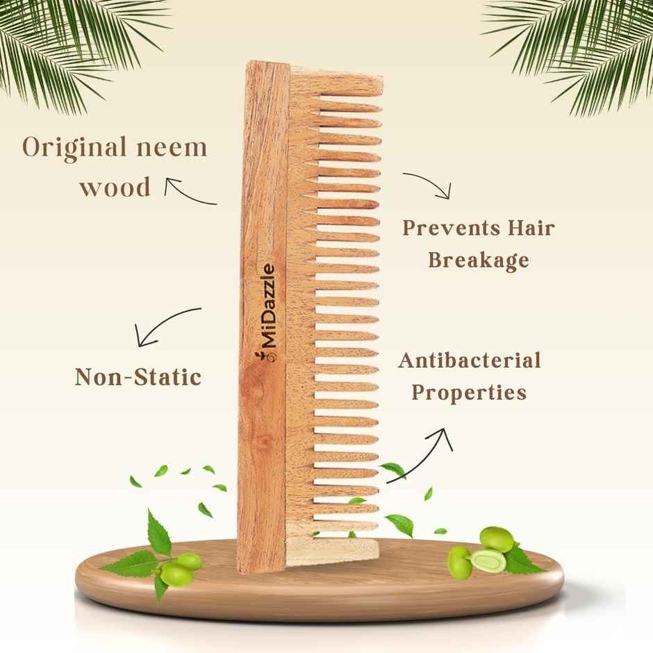 Midazzle Organic Kacchi Neem Wooden Shampoo Comb Wide Tooth | MINC2103