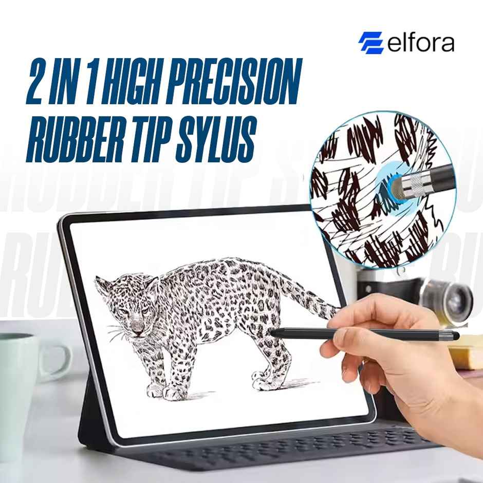 Elfora 2 in 1 Tablet Stylus Pen for All Touch Screens Devices | Fine Point Disc Tip | Black