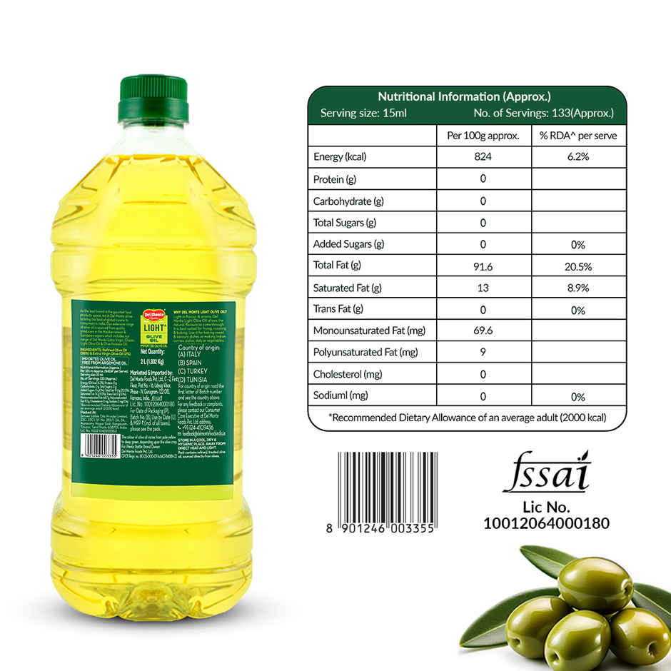 Del Monte Extra Light Olive Oil| Light Flavor| Suitable for Indian Cooking| Zero Cholesterol