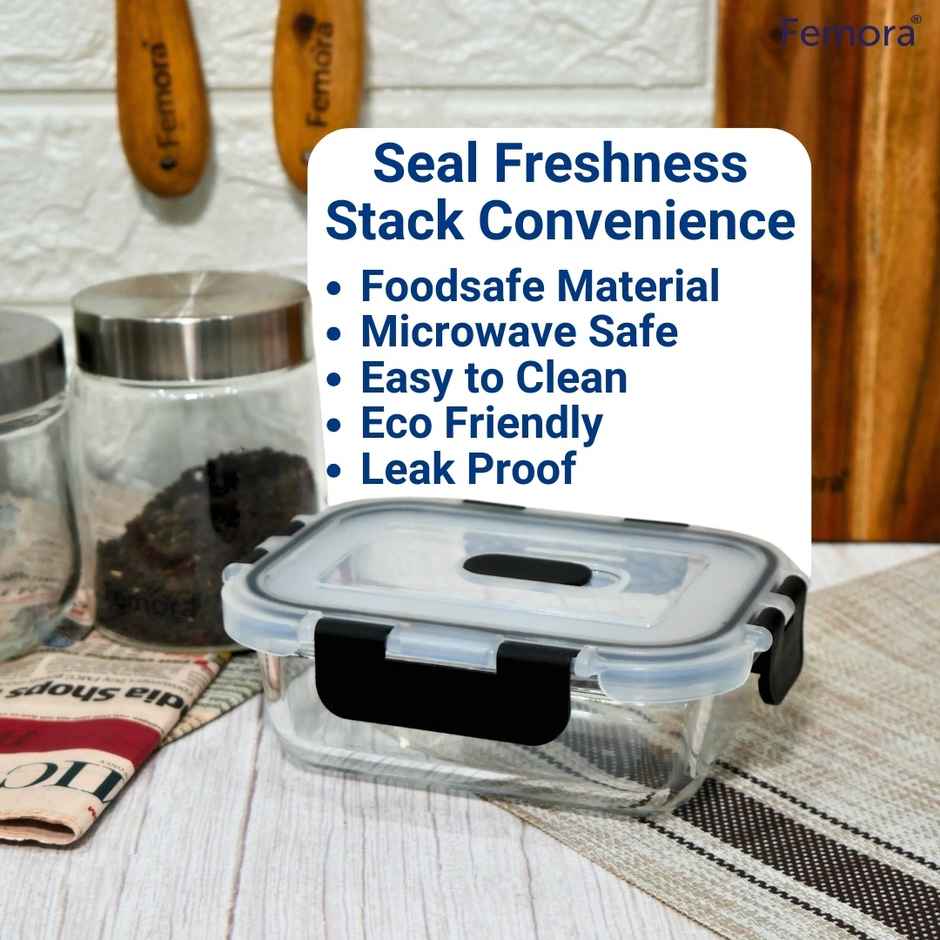 Femora Borosilicate Glass Microwave Safe Rectangle FOOD Storage Container With Air Vent Lid |400 ml