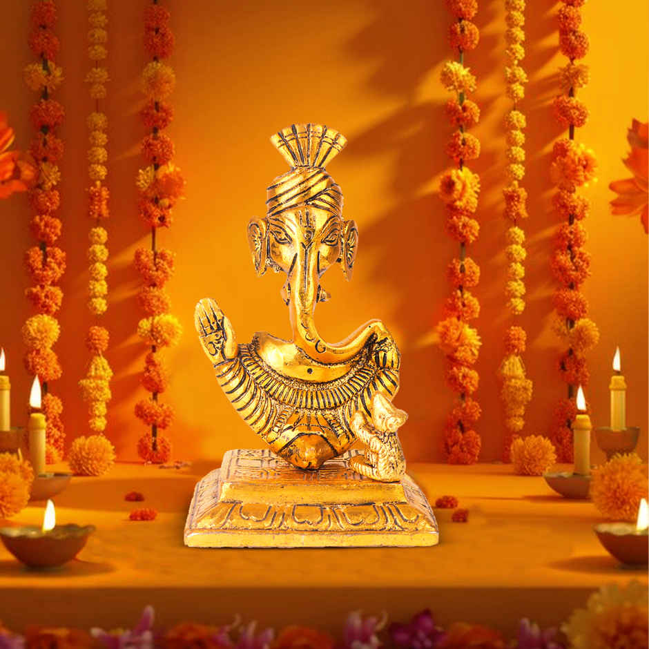 Ganesh Ji Idol with Mooshak Trishul Shape in Gold Polish | Devnidhi