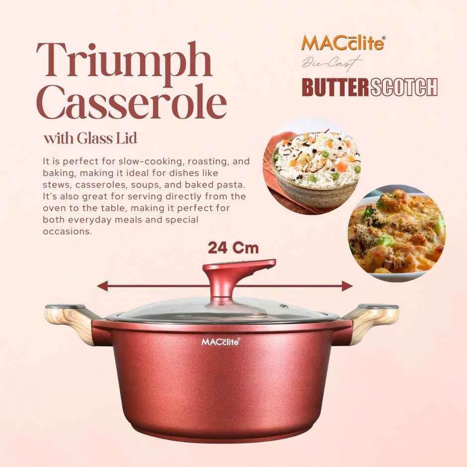 Macclite Non-Stick PDC Granite+ Induction Base Butter Scotch Triumph Casserole 24 cm with Glass Lid