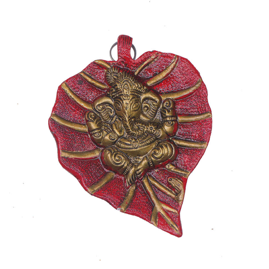 Lord Ganesh on Red Leaf Wall Hanging in Gold Polish | Small Size | Devnidhi