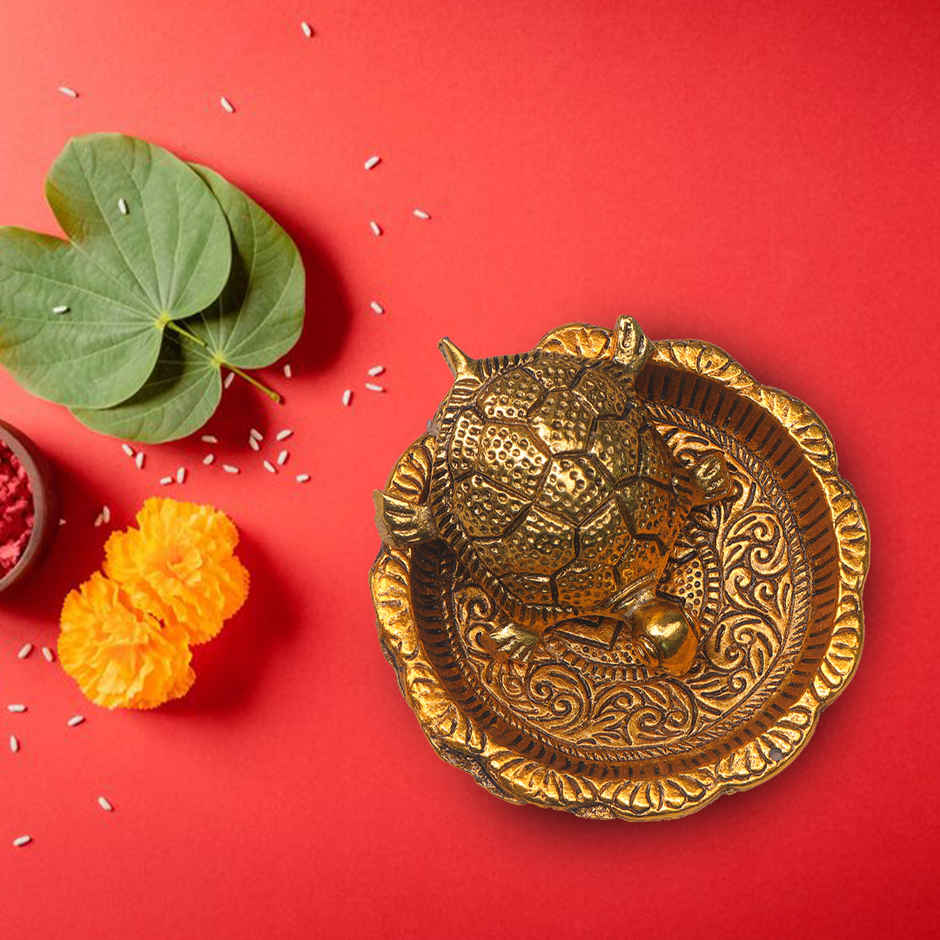 Tortoise/ Turtle/Kachua on Swastik Plate Vastu Feng Shui in Gold Polish | Devnidhi