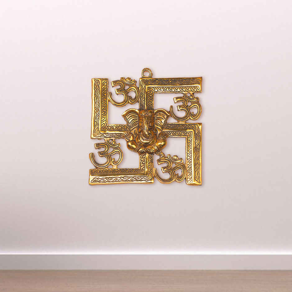 Ganesh Ji on Swastik and Om Wall Hanging in Gold Polish | Devnidhi