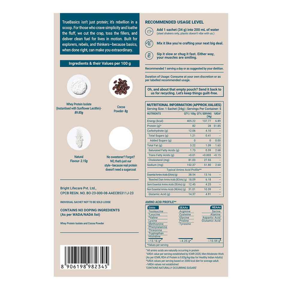 TrueBasics Clean Whey Pure Protein Isolate Powder (Chocolate)