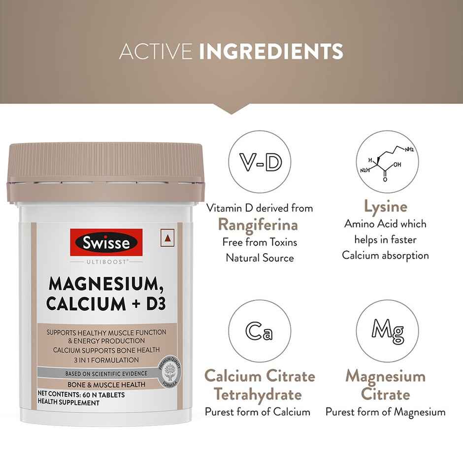 Swisse Magnesium, Calcium+D3 Supports Muscle Function, Energy & Bone Health - 60 Tablets