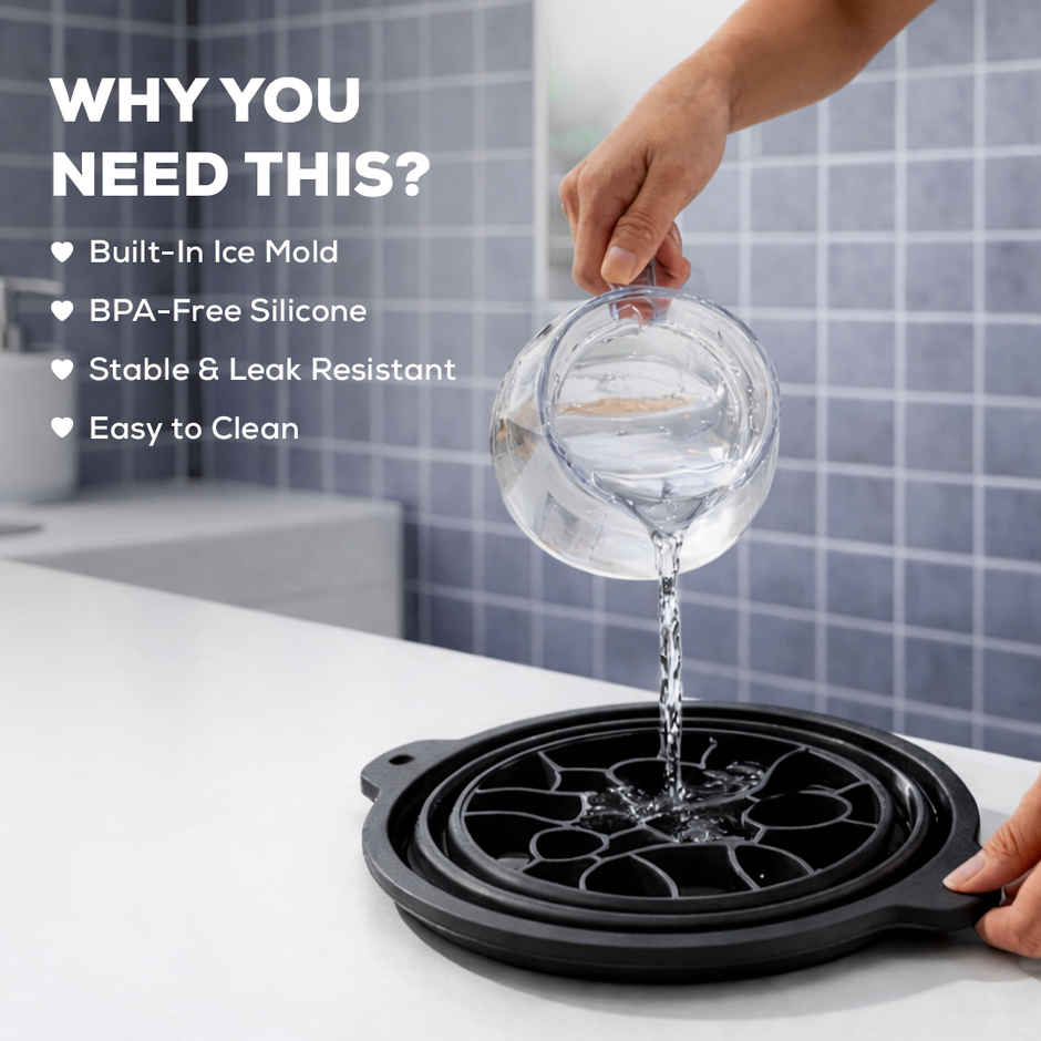 Gleva Foldable Silicone Ice Facial Bowl | Built in Ice Tray | Portable | Dishwasher Safe | Black