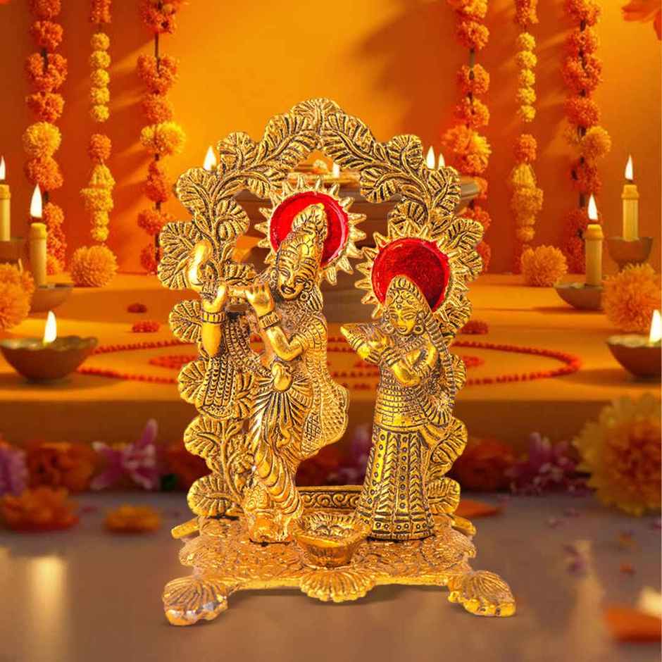 Diya Radha Krishna Mehrab Chowki in Gold Polish Large Size | Golden | Metal | Diya-Pooja | Devnidhi