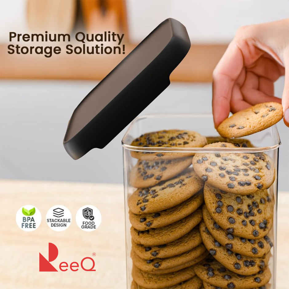 ReeQ Airtight Food Storage Containers Square Jars | Black Lid - 500 ml