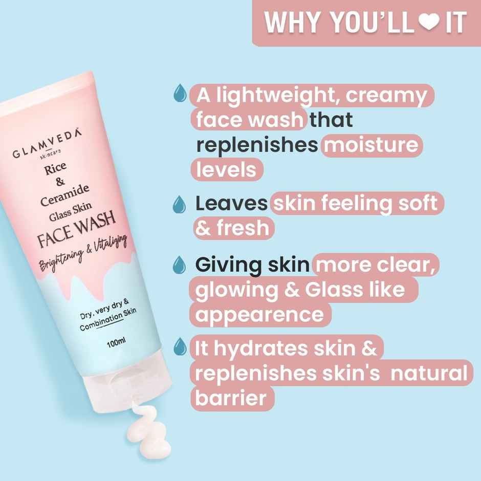 Glamveda Rice & Ceramide Face Wash | Gentle Cleanser for Dry & Sensitive Skin