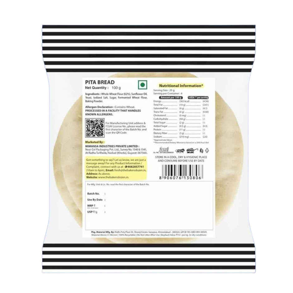 The Baker's Dozen Zero Maida Pita Bread | Whole Wheat | Gut Friendly | Flat Bread | Clean Label