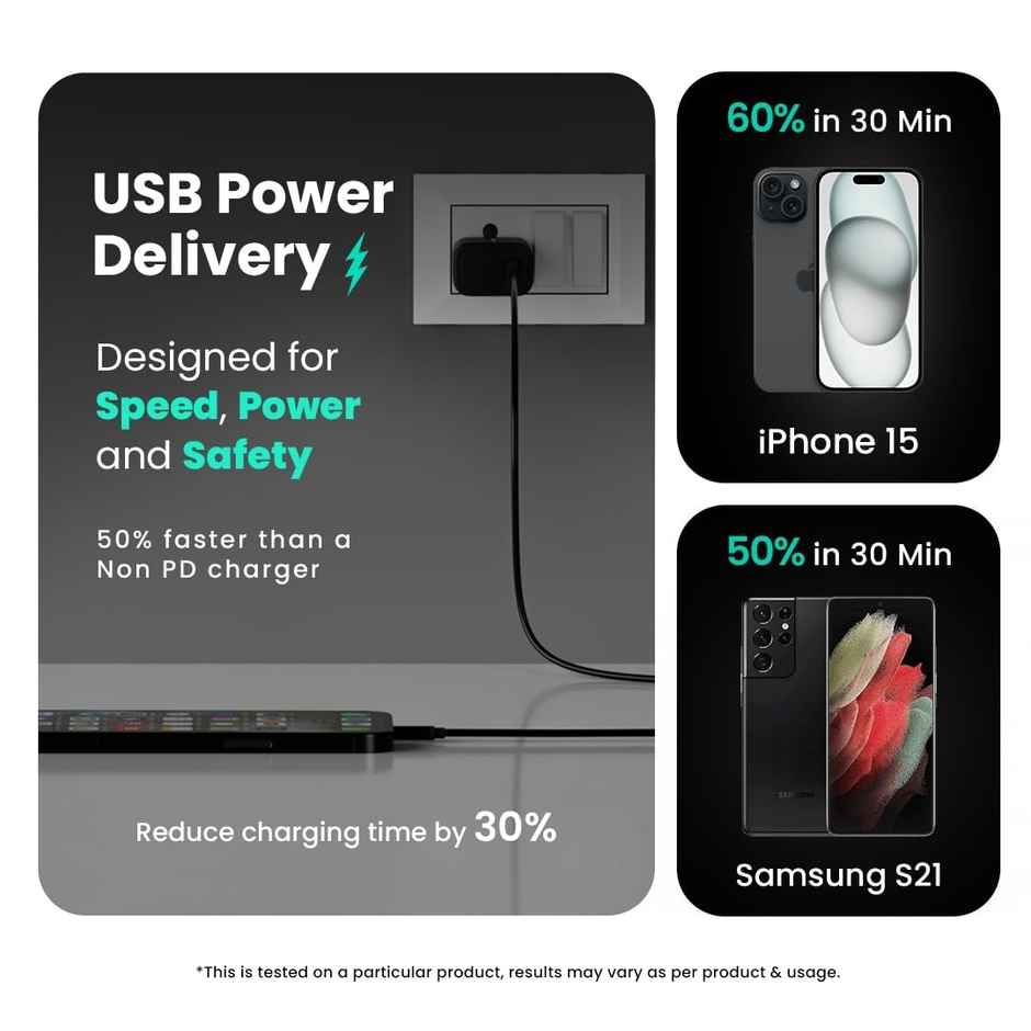 Hammer 25W Fast Type C Travel Adaptor For Samsung And Iphone With Pd & Pps Without Cable - Black