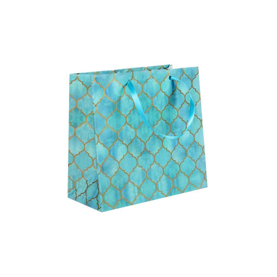 Itsy Bitsy Gift Bags Moroccan Trellis Aqua Shimmer L16 x W17.5 x D9.2cm Gol