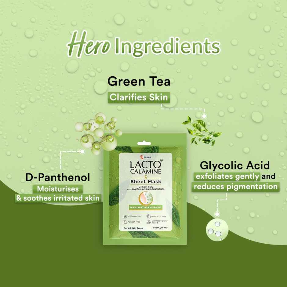 Lacto Calamine Green Tea Face Sheet Mask for Hydration, Calm & Clear Skin that Soothes Acne