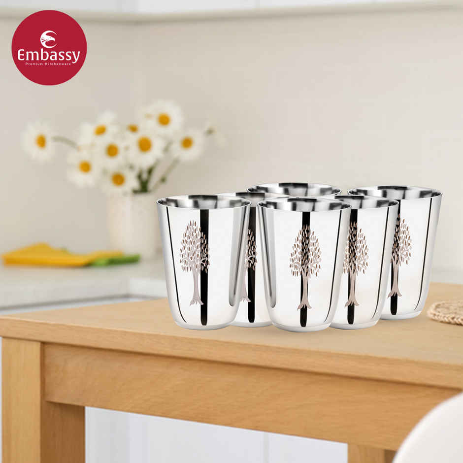 Embassy Premium Oaktree Glasses For Water / Juice, 330 Ml, Pack Of 6, Stainless Steel