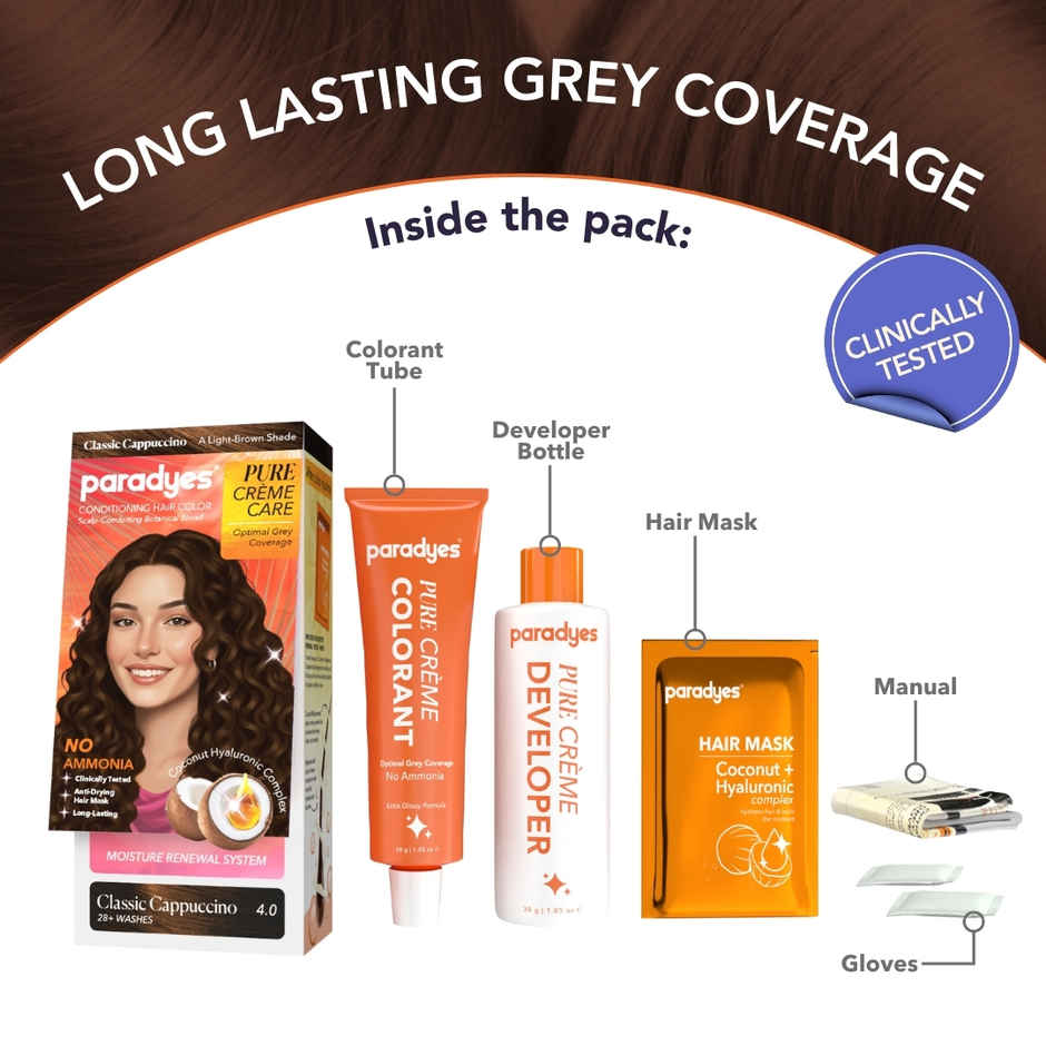Paradyes Pure Creme Care No Ammonia Long Lasting Hair Color | Classic Cappuccino 4.0