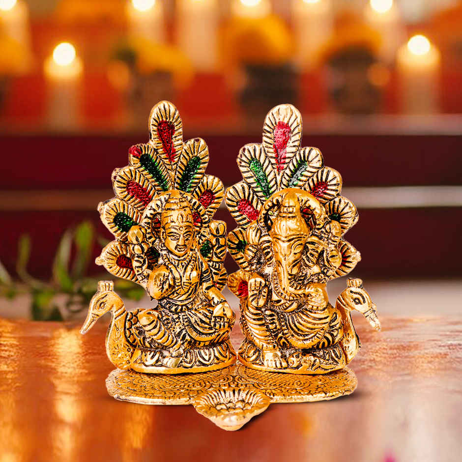 Diya Laxmi Ganesh With Meenakari Stonework | Golden | Metal | Diya-Pooja | Devnidhi