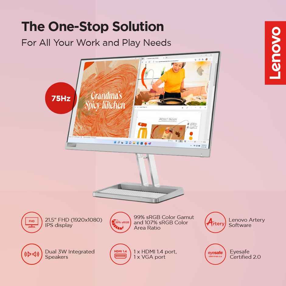 Lenovo L22i-40, 22 inch (54.6cm), IPS, FHD, 75Hz, Grey, 4ms, AMD FreeSync, 99% sRGB, 2X3W Speakers, HDMI 1.4, VGA, Tilt Stand, 3 Year Warranty Monitor