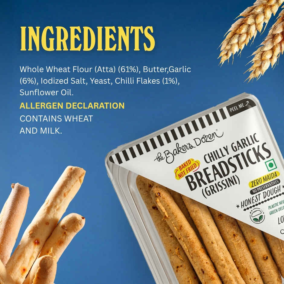 The Baker's Dozen Chilli Garlic Breadsticks Zero Maida | Grissini | Baked Snacks | Healthy Snacks