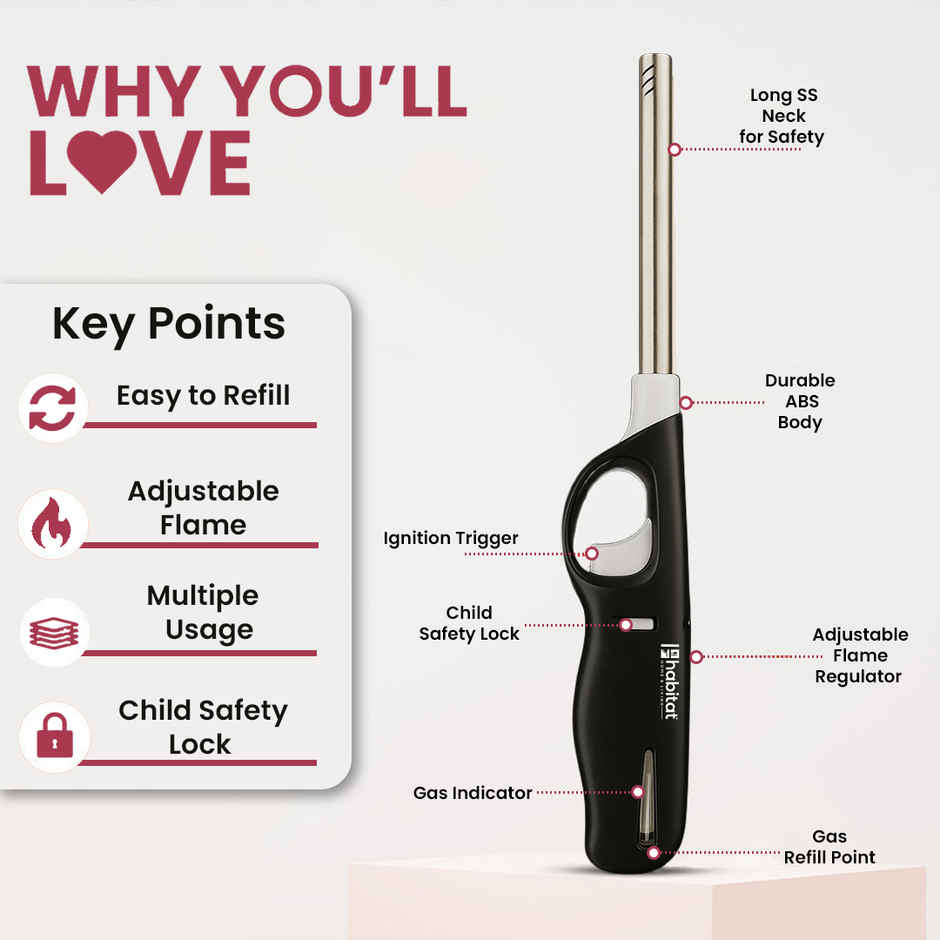 Habitat High Quality Flame Gas Stove Lighter With Refill Pack | Safety Lock | Adjustable Flame