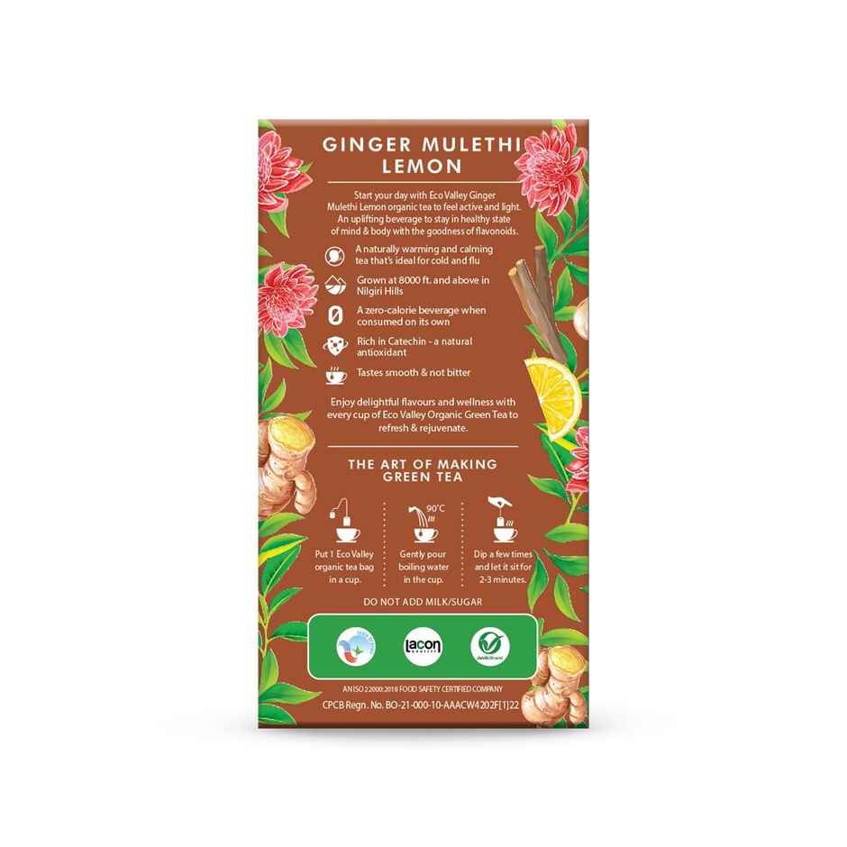 Eco Valley Organic Green Tea- Ginger Mulethi Lemon| Boost Energy, Helps Burn Body Fat| Zero Calories