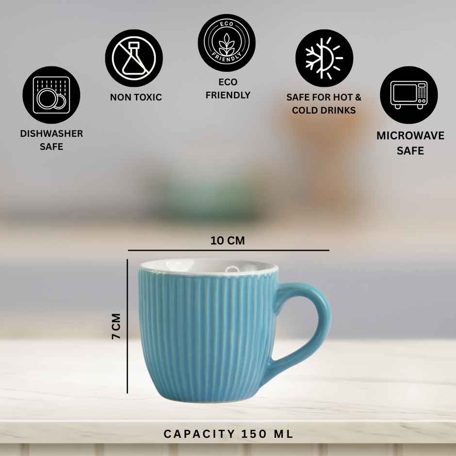Saffron Ribbed Ceramic Cups | Sky Blue - 200 ml