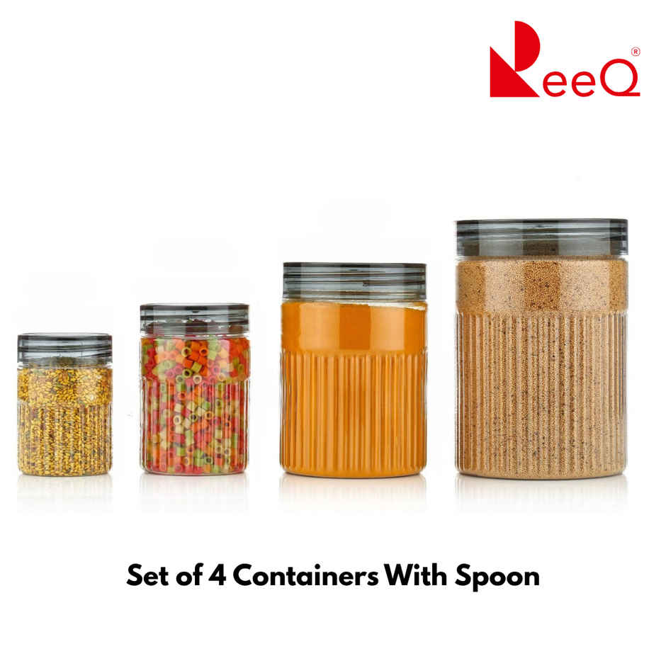 ReeQ Plastic Storage Containers with Transparent PET Caps & Spoon for Kitchen Storage