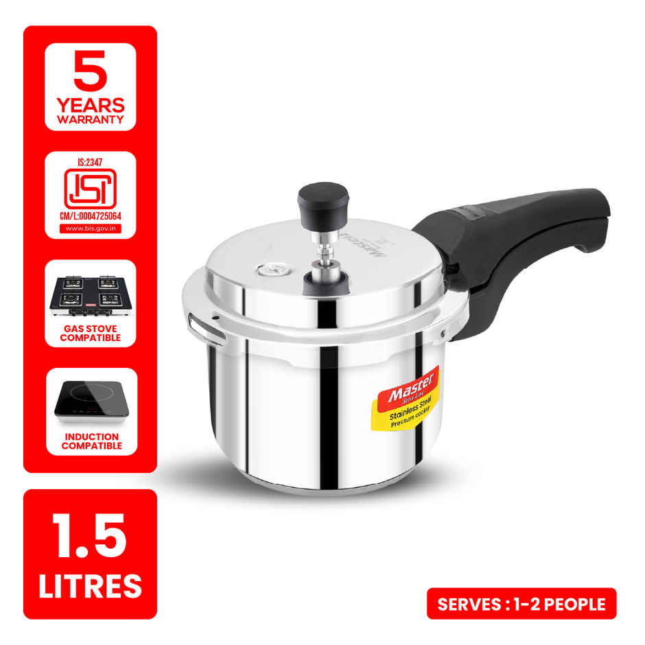 Master Stainless Steel Outer Lid Pressure Cooker 1.5 L, Gas and Induction Stove Compatible