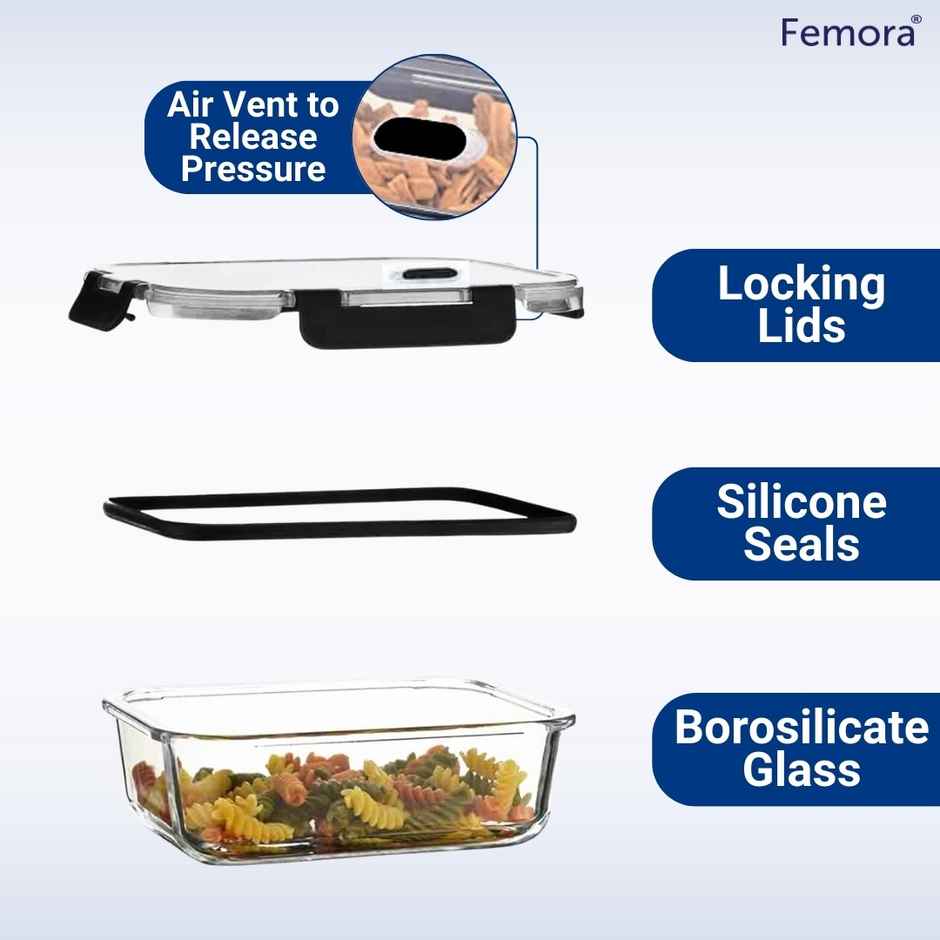 Femora Borosilicate Glass Microwave Safe Rectangle FOOD Storage Container With Air Vent Lid |400 ml
