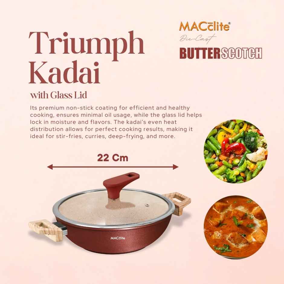 Macclite Non-Stick PDC Granite+ Induction Base Butter Scotch Triumph Kadai 22 cm With Glass Lid